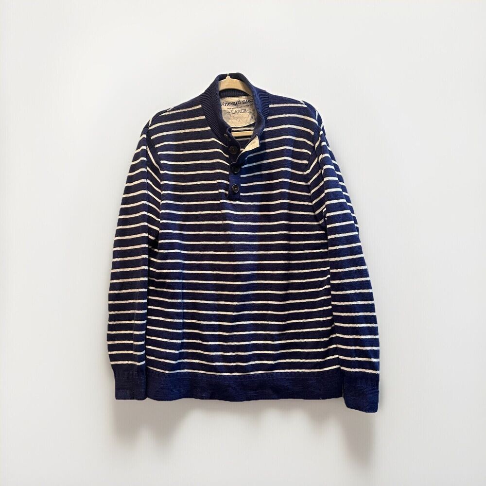 Vineyard Vines Mens Henley Cotton Sweater Large Blue White Heavy Knit